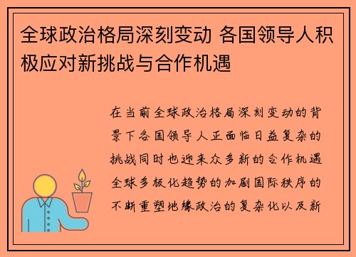 全球政治格局深刻变动 各国领导人积极应对新挑战与合作机遇